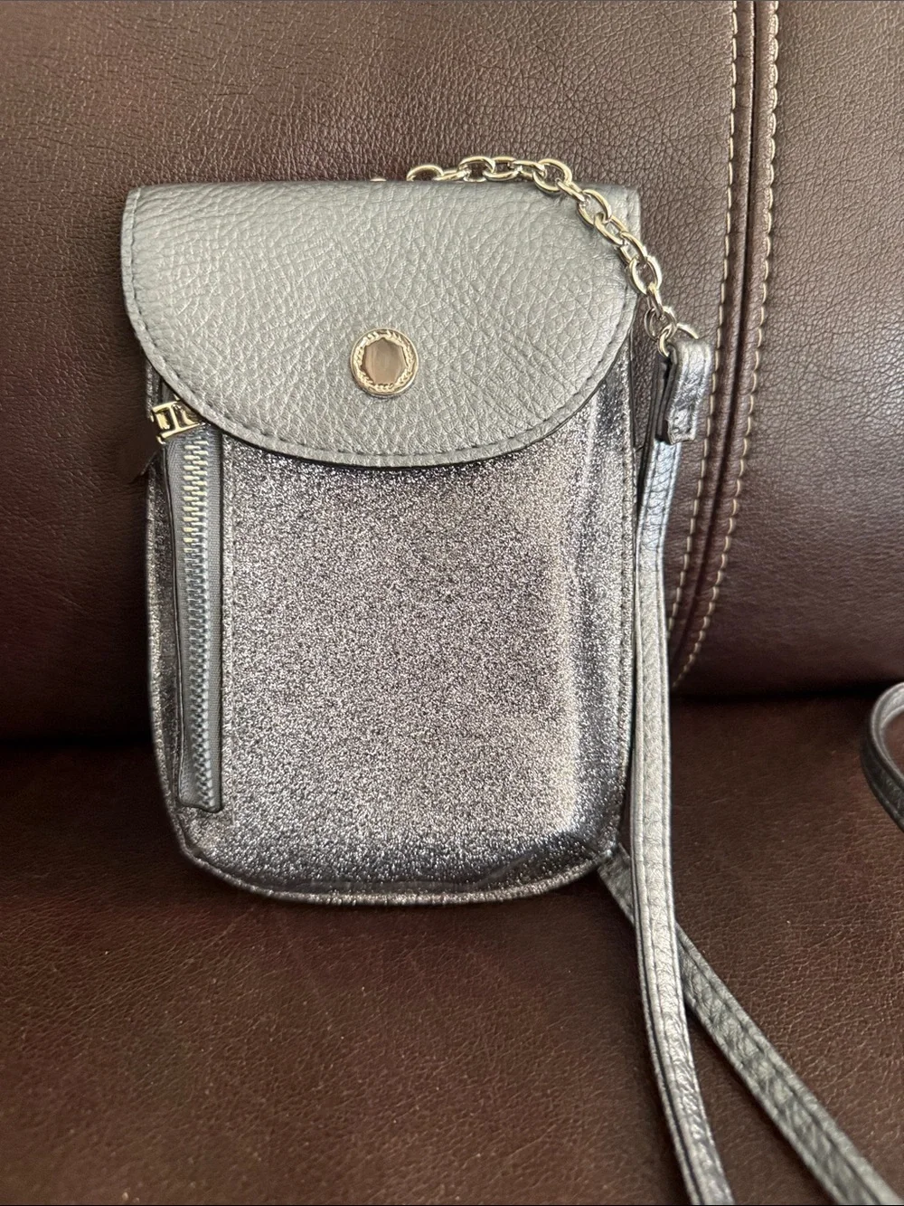 Silver Glitter Crossbody Phone Bag - Compact Women's Shoulder Purse